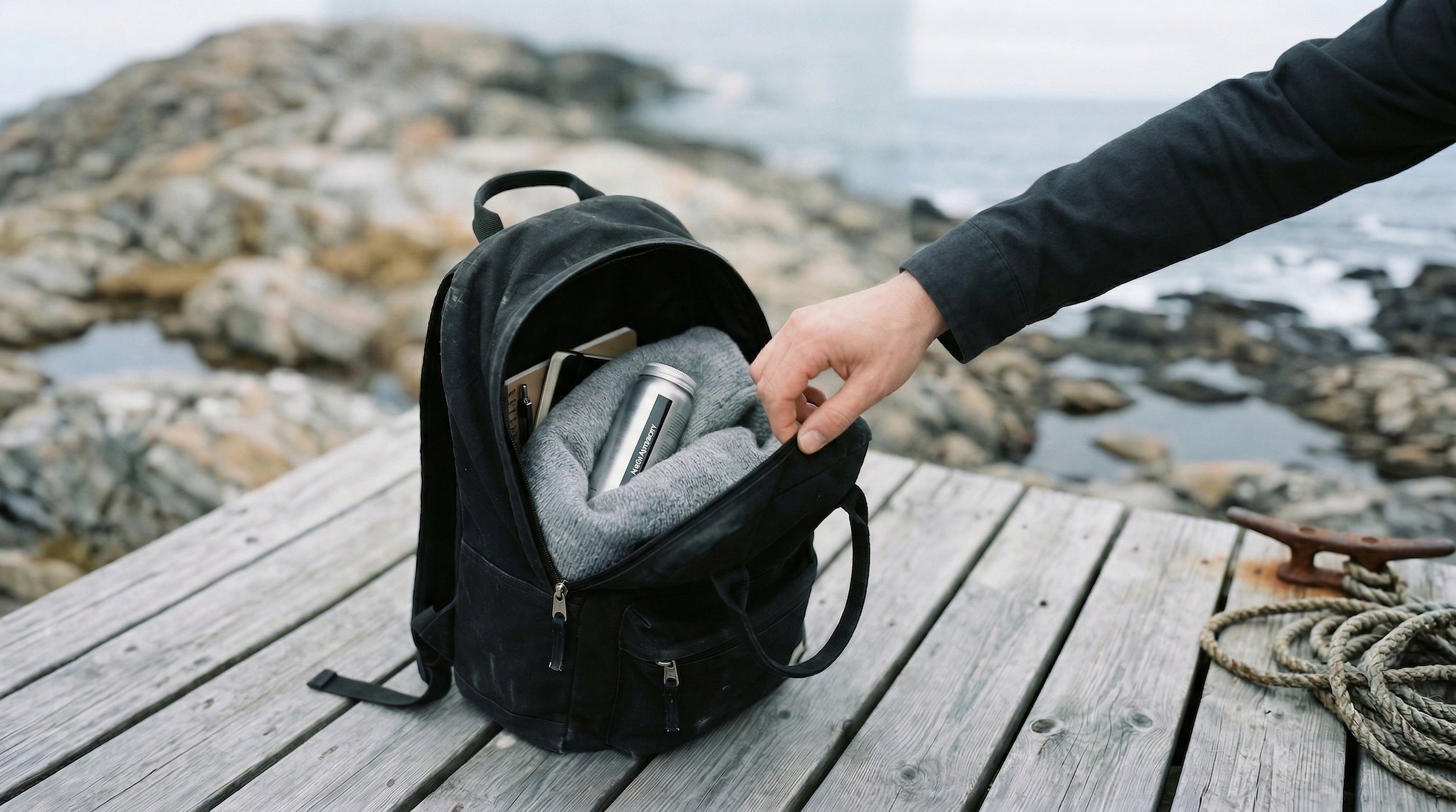 Person reaching into a black backpack on a wooden platform by a rocky shoreline.