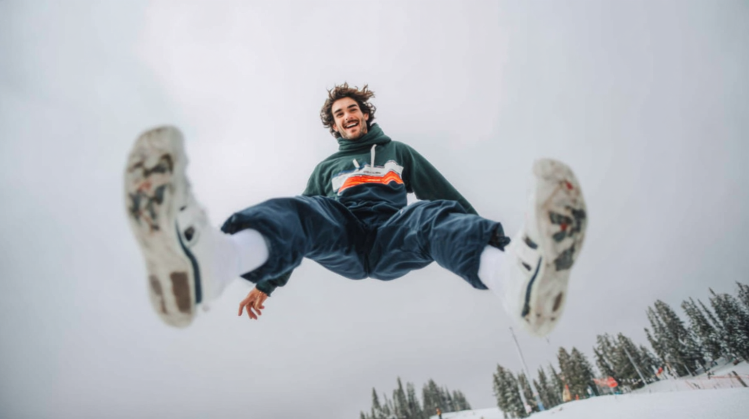 A person mid-jump in a snowy Nordic landscape