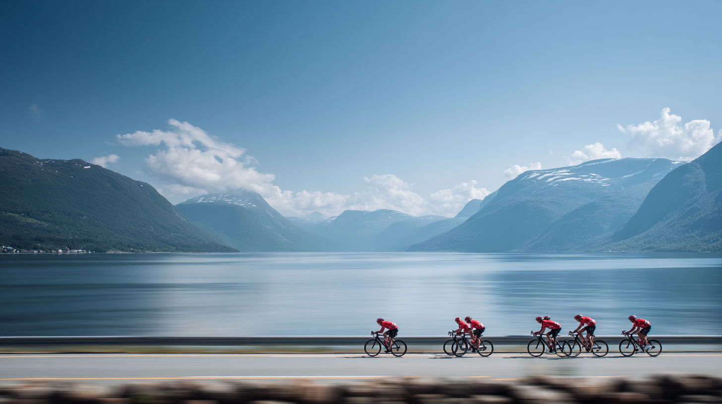 Cyclists riding along a Norwegian fjord in morning light